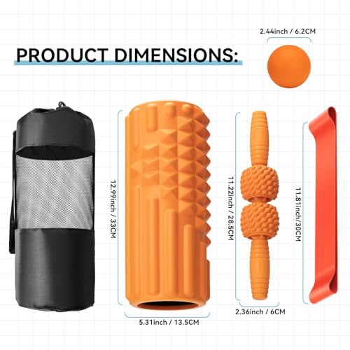 5 in 1 Foam Roller Set, High Density Patented Exercise Roller | Deep Tissue Massage Roller Stick, Massage Ball, Resistance Band for Pilates, Yoga, Whole Body Fitness Exercise, Orange - color: Orange