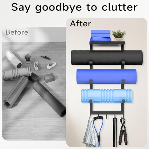 LSK Yoga Mat Holder Wall Mount, Black Yoga Mats Storage Rack, Home Gym Storage with Metal Floating Shelf for Storing Fitness, Yoga Mat Rack with 5 Hooks for Hanging Foam Rollers and Resistance Bands - color: Black