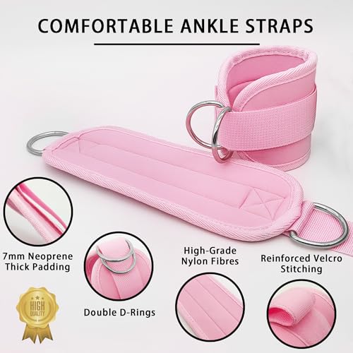 Fitness Ankle Straps for Cable Machines, 2 Pack Comfortable Adjustable Padded Ankle Wrist Cuffs, Kickback Glute Workouts for Men Women, D-Ring Leg Straps with Neoprene Padding - color: pair-pinkpink