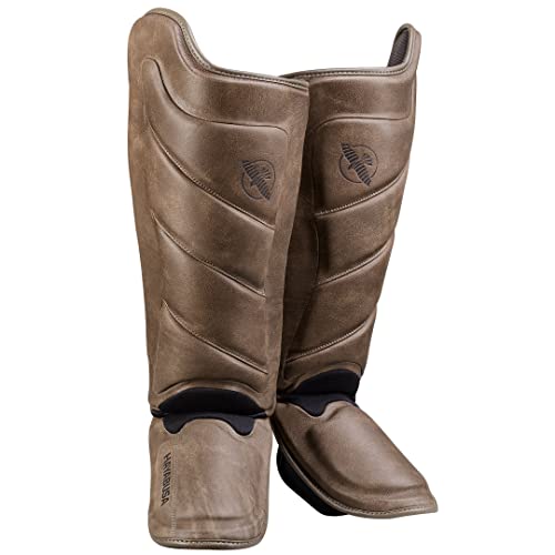 Hayabusa T3 LX Leather Striking Shinguards | Slip-On Design, Padded Knuckle Protection, Hook and Loop Closure, Muay Thai Kickboxing, Men and Women, Sparring - color: Brown, size: Medium