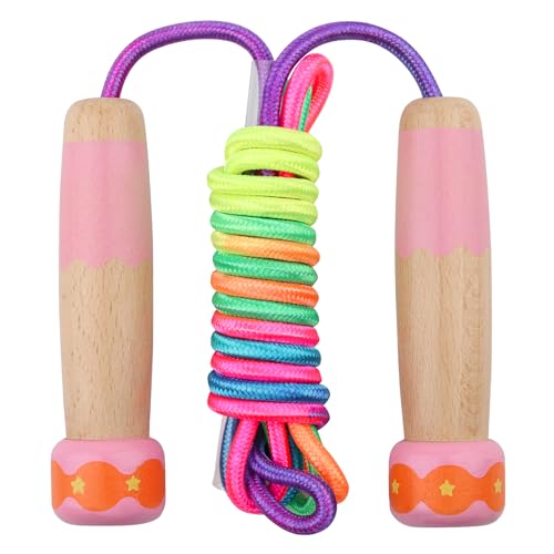 Jump Rope for Kids, Lorvain Adjustable Skipping Rope, Kids Jump Ropes with Wooden Handle for Girls Boys, Weighted Jumping Ropes for Fitness Workout Exercise Outdoor Fun Activity - color: Pink Rainbow-1pc