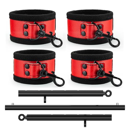 3 in 1 Heavy Duty Stainless Steel Expandable Spreader Bar with 4pcs PU Rose-Gold Adjustable Straps,Workout Bar for Home Gym Training Bar,Portable Detachable Pilates Kit - style: Black+Black-Red Furry Kit