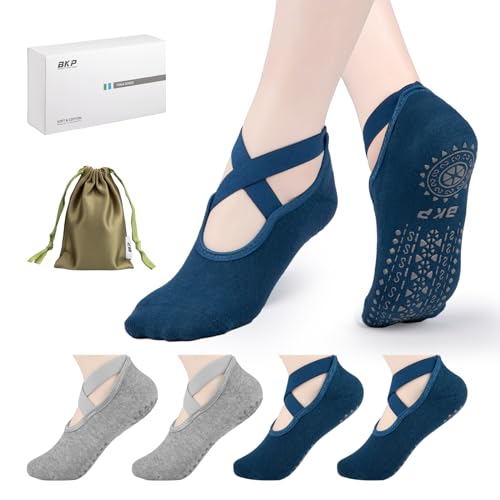 BKP Yoga Socks for Women,Pilates Socks Non Slip Grip Socks Suitable for Ballet,Plasticity,Dance,Home,Training - color: 4pairs-(2grey&2blue)