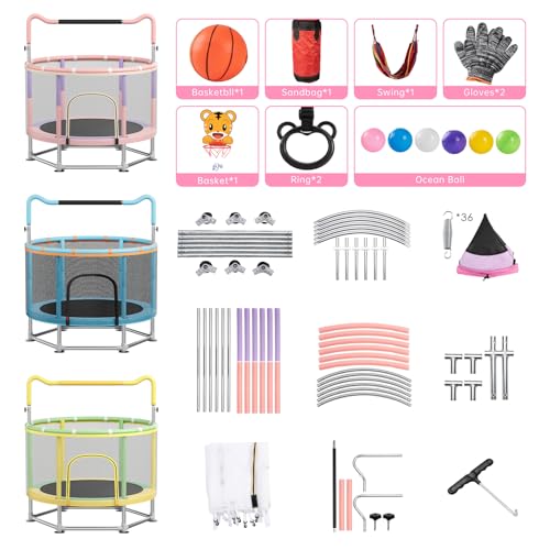 Full Wrap-Around Double Ring Legs 440lbsToddler Trampoline with Net,Trampoline for Kids - color: Pink, size: 55''