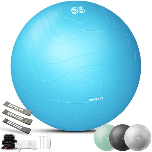 HAPBEAR Exercise Ball- Anti-Burst Slip-Resistant Yoga/Pilates Ball for Core Training & Posture Improvement, Home Gym/Rehab/Pregnancy Ball, Quick Pump & 3 Resistance Bands Included - color: Sky Blue, size: M (19-22IN / 48-55cm)