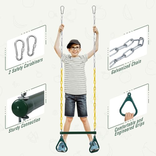 RedSwing Trapeze Swing Bar with Triangular Gymnastic Rings, Kids Swingset Heavy Duty Coated Chains with Carabiners, Outdoor Swing Play Playground Accessories, Green and Yellow - color: Green Yellow