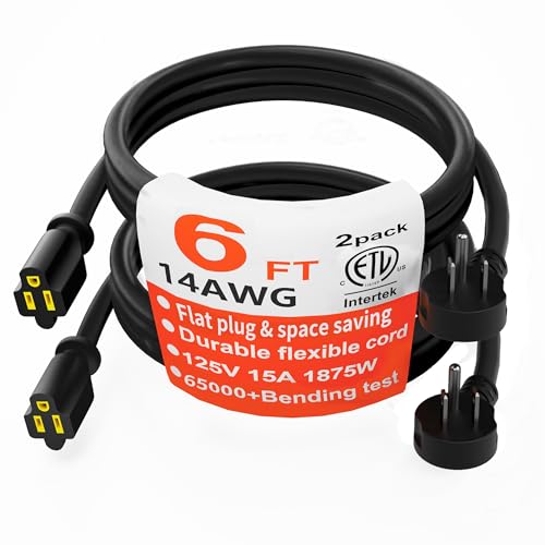 HUANCHAIN 14 Gauge 6 Feet (2 Pack) Flat Plug Extension Cord Black Indoor Outdoor, Heavy Duty 3 Prong Grounded Low Profile Extension Wire Flexible, 15A 1875W 125V 14AWG SJTW, ETL Listed - color: Black, size: 6 FT - 2 pack