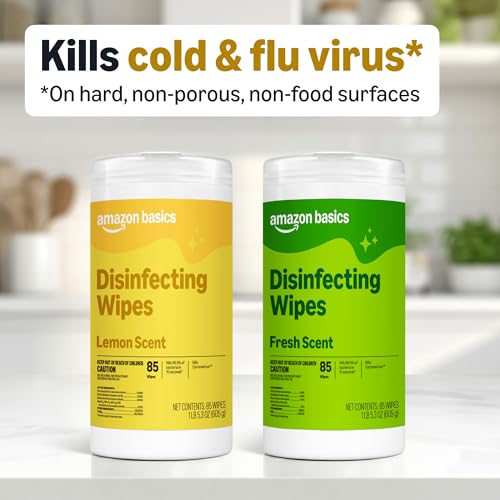 Amazon Basics Disinfecting Wipes, Lemon & Fresh Scent, Sanitizes, Cleans, Disinfects & Deodorizes, 255 Count (3 Packs of 85), Packaging May Vary - size: 85 Count (Pack of 3), style: 3 Pack--2 Lemon, 1 Fresh
