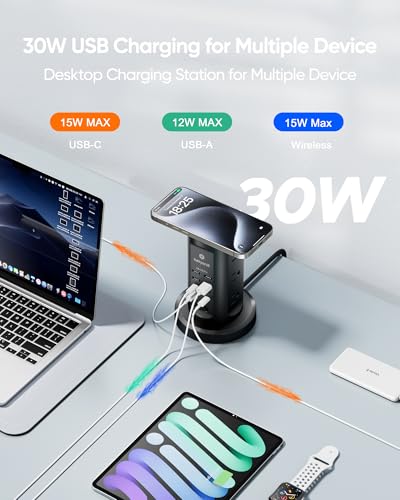 Kakyanill 30W USB Charging Station, Power Strip Tower with 9 AC 8 USB | 6Ft Flat Plug Retractable Extension Cord, for Home Office Dorm, Black - color: Black&Grey