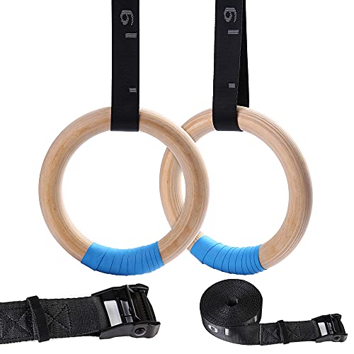 Wood Gymnastic Rings with Adjustable Number Suspension Trainer Straps with Cam Buckle 15ft Olympic Rings 32/28mm Heavy Duty 1543/992lbs for Pull Up Bar Workout Exercise Gym Hanging Rings Indoor - color: 28mm ring + straps