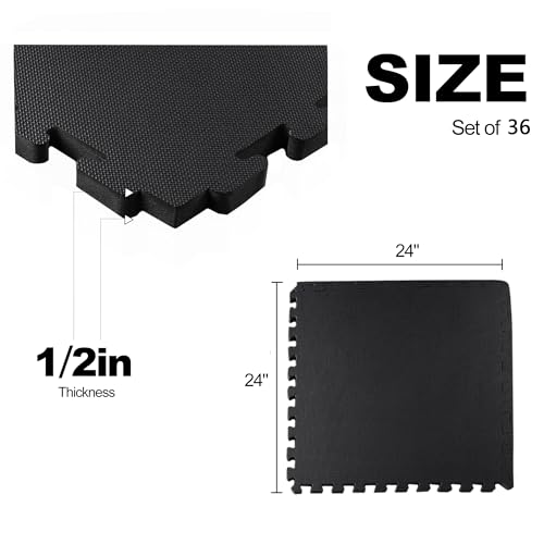 Elevon Puzzle Exercise Gym Flooring Mat, EVA Interlocking Foam Tiles Workout Mat for Home Gym, Fitness Equipment, MMA, Gymnastics, Shock-Absorbing Exercise Mat, Multi-Color - color: Black, style: 1/2"Th, 36 Tiles (144 Sq Ft)