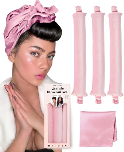 Grande Heatless Curls Overnight Rods - Upgraded Directional Grip Velvet - No Heat Hair Curlers to Sleep, Jumbo Large Hair Rollers Flexible Curling Rods Set for Long Thicker Coarser Hair Blowout Look - color: Blush Pink