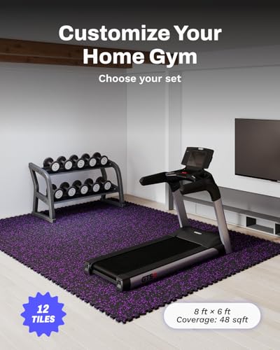 AIRHOP 0.56in Thick 48 Sq Ft Exercise Equipment Mats, 12 Tiles Upgraded Rubber Top with High Density EVA Foam, Large Interlocking Puzzle Gym Flooring for Home Gym, Heavy Weight Workout, 24 x 24in - color: Black/Purple, size: 48 Sq Ft (12 Tiles)