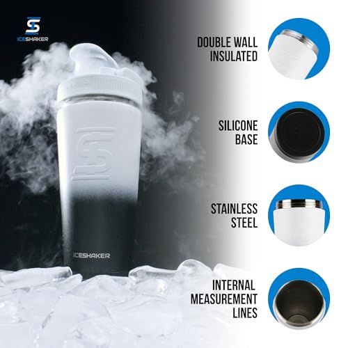 Ice Shaker Stainless Steel Shaker Bottle | 26oz, Black/White | Stays Cold for 30+ Hours | Insulated Cup with Twist-on Agitator | Odor-Free Shaker Cup for Protein Shakes, Water, Smoothies - color: BWOmbre