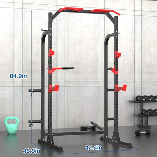 SunHome Power Cage Squat Rack, Power Rack with Pulley System, Adjustable Cable Crossover System, J-Hooks, Dip Handles, Weight Plate Storage - color: Half Power Cage