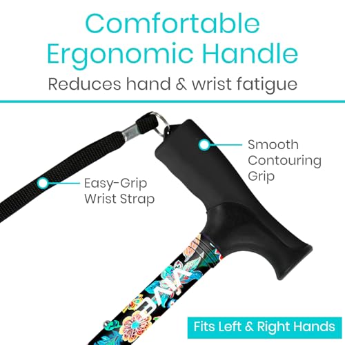 Vive Folding Cane - Foldable Walking Cane for Men, Women - Fold-up, Collapsible, Lightweight, Adjustable, Portable Hand Walking Stick - Balancing Mobility Aid - Sleek, Comfortable (Neon Flower) - color: Neon Flower