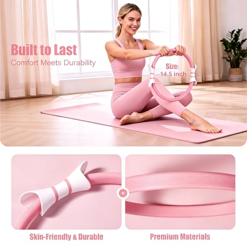 Women's Pilates Ring Set with Knee and Wrist Brace, 14in | Knee & wrist Brace protect joints. Ball, band(15-50lbs), socks, strap, bag, pump, guide. Durable, portable, lifetime support. - size: Medium