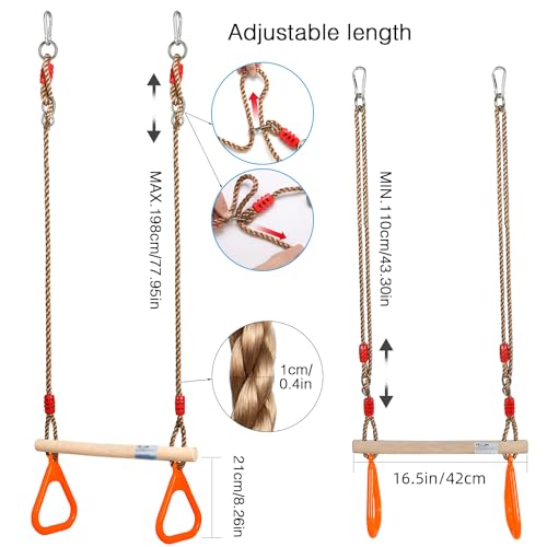 PELLOR Kids Trapeze Bar with Rings,Wooden Trapeze Swing Bar for Ninja Warrior Obstacle Course,Children's Swing Set Indoor Outdoor Garden,Yard,Playground - color: Orange