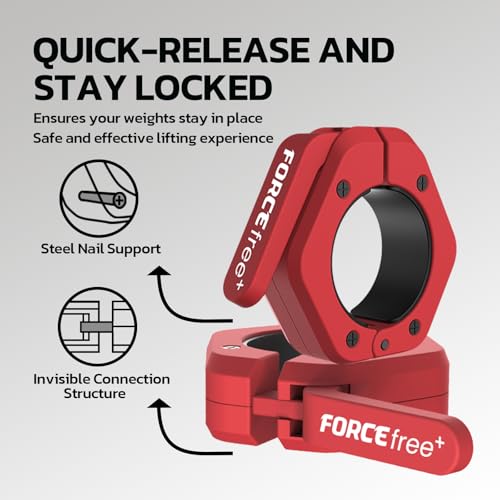 Forcefree+ Barbell Clips (Pair), Barbell Clamps, Quick Release Olympic Barbell Clamps with Anti Slip TPR Grip, Barbell Collars for Secure Weightlifting & Powerlifting - color: Red