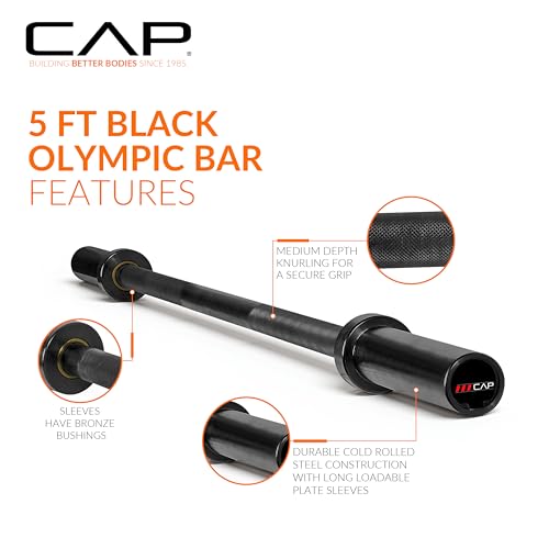 CAP Olympic Barbell - 5FT, 6FT, & 7FT Strength Training Weight Bars, Multiple Options - size: 5 ft (60") - Black, style: Elite