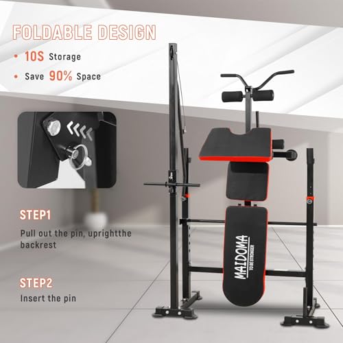 MAIDOMA 8 IN 1 Standard Weight Bench Set with Leg Extension and Leg Curl, Fast Folding & Adjustable Workout Bench for Home Gym,Adjustable Bench Press with Squat Rack.（US Stock） - color: coarl red