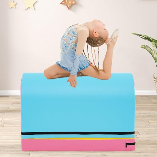 Goplus Mailbox Tumbling Mat, Gymnastics Vaulting Box w/Detachable Mat, Carrying Handle, Premium PU Leather, Portable Jumping Tumbling Aid Trainer for Kids Home Gyms Exercise - color: Baby Blue+Pink