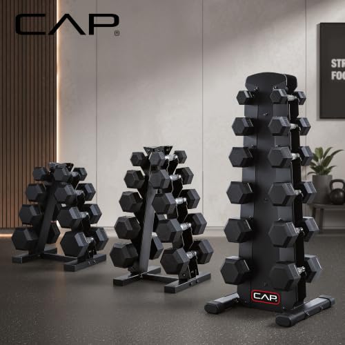 CAP Rubber Coated Hex Dumbbell Set with Storage Rack | 100–210 lb Options, Space-Saving Vertical Compact Storage for Home Gym Strength Training - size: 210 lb - Set - Black Rack, style: Chrome Handles