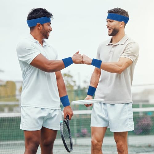 30 Pcs Sweatbands Wristbands Set Absorbent Terry Cloth Headbands Wristbands Neon Color Striped 80s Athletic Sweatbands for Sports Gym Exercise - color: Blue