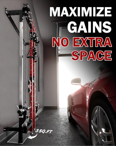 Mikolo Folding Squat Rack, Wall Mounted Power Rack with Cable Crossover Machine & LAT Pull Down, Functional Trainer with 5 Adjustable Function Modes, Home Gym Package - color: Red, size: WR00 Ultra (Alum Pulleys)