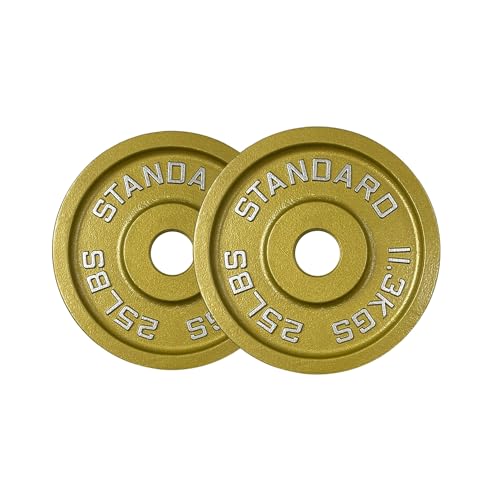 Gold Finish Olympic Steel Plates - Pairs and Sets 2 Inch Barbell Standard in Premium Gold for Weight Lifting - color: 25lb Pair