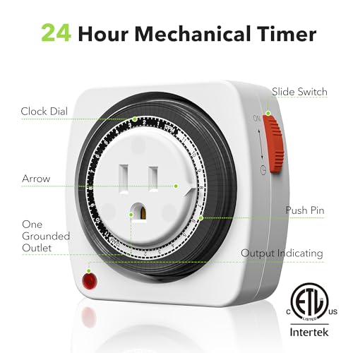 BN-LINK 24-Hour Plug-in Mechanical Timer, Heavy Duty Outlet Timer Indoor with 15-Minute Intervals, 3-Prong Plug for Aquariums, Grow Lights, Hydroponics, Indoor Lighting, ETL Listed, 1-Pack - size: 3-Prong, 1-Pack, 1 Outlet, Heavy Duty