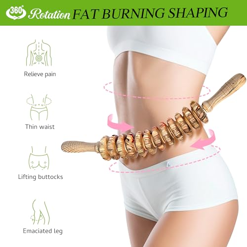 Wooden Curved Handheld Roller Stick Massager - 12 Rollers Wood Therapy Tool for Trigger Point, Fascia & Cellulite Reduction, Lymphatic Drainage, Muscle Tension Relief & Body Shaping (Wood Grain) - color: Wood Grain-12 Rollers