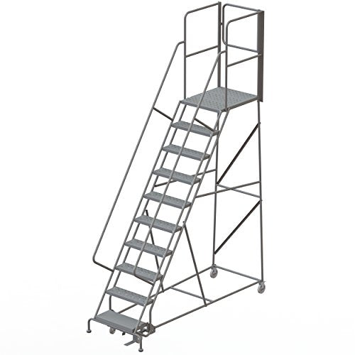 Tri-Arc RWSR110246-XR 10-Step Gateway Rear-Exit Steel Rolling Ladder with 30" Deep Top Platform, Perforated Tread with Handrails, 24" Wide Steps, Gray - size: 10-Step, style: Perforated Tread