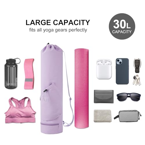sportsnew Yoga Mat Bag with Water Bottle Pocket & Wet Pocket for Women | Yoga mat carrier fits 1/8"-3/8" yoga mats, quick-access multi-pocket organization, lightweight for gym, Pilates & studio - color: Purple, size: Medium