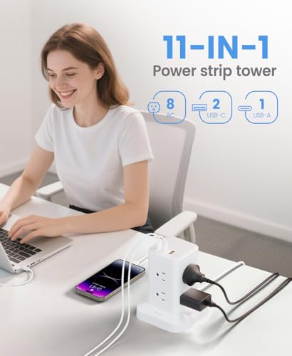 Power Strip Tower with Surge Protector 1800J, Fast Charging Tower PD20W USB-C Ports with 8 AC Outlets, Extension Cord for Home Office Dorm Room, White, 5FT - color: White, size: 5FT