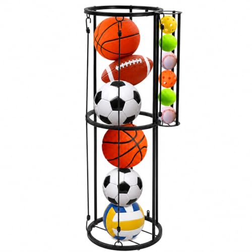 Garage Ball Storage Rack, Wall Mounted with Side Ball Basket, Black | Side Small Ball Basket, Vertical Sports Equipment Organizer for Basketball, Soccer, Football, Volleyball,Garage Gym Game Room