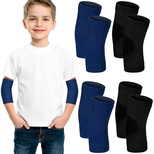 Lenwen 4 Pairs Kids Elbow Brace Compression Arm Elbow Sleeve Knit Guard Gym Protectors for Boys Teen Children Girls Basketball Volleyball Tennis Cycling(5-10 Years,Black, Dark Blue) - color: Black, Dark Blue, size: 5-10 Years