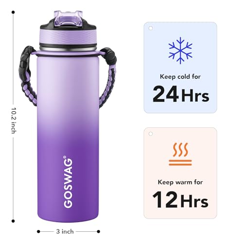 GOSWAG 24oz Insulated Stainless Steel Travel Water Bottle, 2 Lids | with straw and no straw, Paracord handle, Double-wall vacuum keeps drinks cold or hot, Leakproof tumbler - color: Pink-Purple Ombré