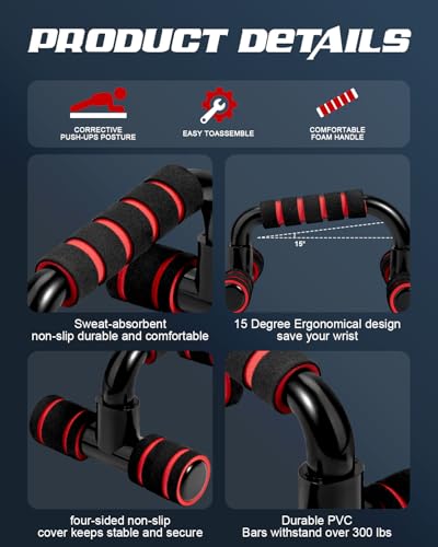 Ergonomic Push Up Bars (2 Pack) - Portable Push Up Handles for Men & Women, Ideal for Home, Gym, or Floor Workouts – Deep Muscle and Strength Training - color: Red