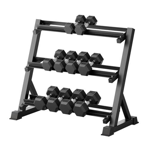 RitFit Rubber Coated Hex Dumbbell Set with Rack, 5-780LB for Home Gym Strength Training, Anti-Slip Knurled Handle, Hexagon Anti-Roll, Heavy-Duty Storage Rack - style: 300LB Set-3-Tier Rack (20-40LB）