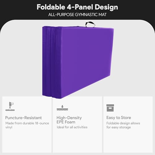 BalanceFrom 10x4 Feet 4-Panel Folding Gymnastics Mat – 2-Inch Thick Pad with Vinyl Surface and Carrying Handles for Tumbling, Yoga, Pilates, Home Workouts, and Martial Arts - color: Purple
