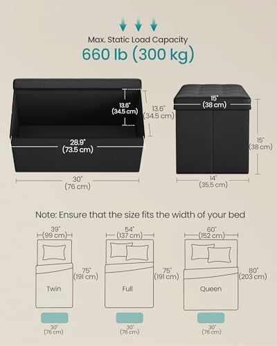 SONGMICS MAZIE Collection - 30 Inches Folding Storage Ottoman Bench, Ottoman with Storage, Foot Rest Stool, Load 660 lb, for Living Room, Synthetic Leather, Black ULSF105 - color: Black, size: 15"D x 30"W x 15"H