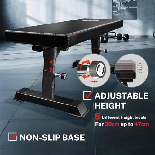 Flat Weight Bench Foldable 1300 LBS Capacity Adjustable Home Gym 5-Level Height Adjustment, 2.5" thick cushion, sturdy T-legs, Commercial-grade Flat Bench, Compact Storage for Home Workouts Man Woman