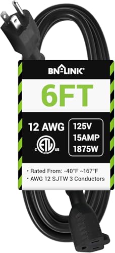 BN-LINK 6ft Outdoor Extension Cord, 12/3 SJTW Heavy Duty Power Cord, 3-Prong Grounded Plug, Weather Resistant, 15A, 1875W, Black, for Lawn, Garden, Appliances, ETL Listed - color: Black, size: 6FT