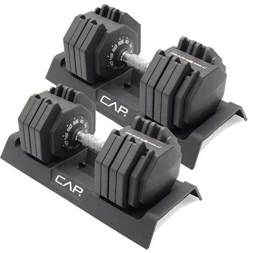CAP ADJUSTABELL Adjustable Dumbbell Set, Premium Quick Select Adjustable Weights for Strength Training, Singles & Pairs, 12.5 LB, 25 LB & 55 LB, Round & Hex Dumbbells, Multiple Grip Handle Options - size: 55 lb - Chrome Handle, style: Pair