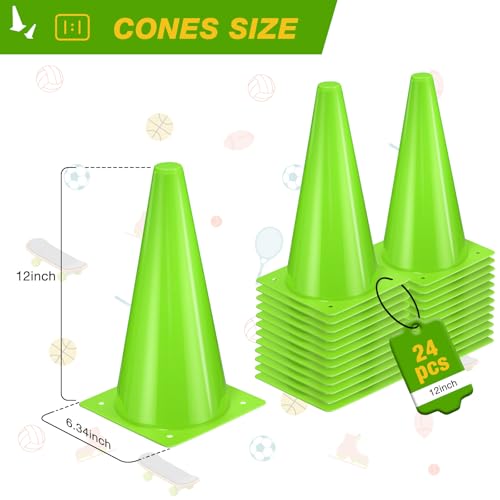 12 Inch Sports Cones Set of 24,Durable Training Cones for Soccer,Football, Basketball Drills - Multi-Purpose Agility Cones for Indoor & Outdoor Practice - color: green