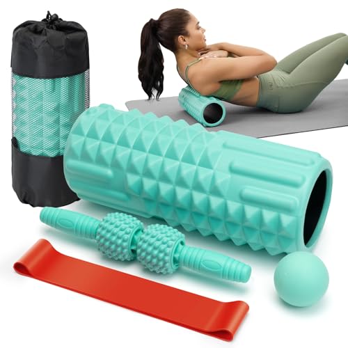 5 in 1 Foam Roller Set - Back Roller Foam, Massage Roller Stick, Massage Ball, Resistance Band for Physical Therapy & Deep Tissue Muscle Massage (Green) - color: Green