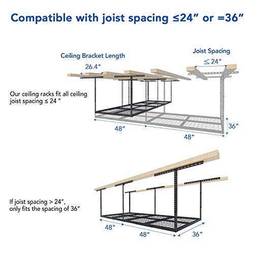 FLEXIMOUNTS 3x8 Overhead Garage Ceiling Storage Rack, Adjustable Garage Organization System, Heavy Duty Metal, 750lbs Weight Capacity, Black, Classic Series - color: Black, size: 3x8 ft