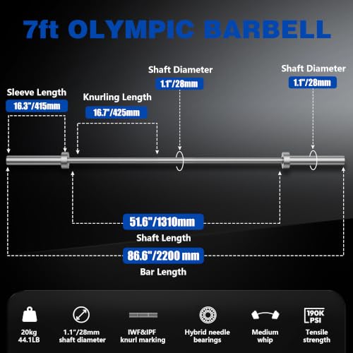 7ft-Olympic Barbell Bar, 2" Standard Straight Bars for 45 lb Weight Lifting | Bar for Bench Press/Powerlifting/Squats/Deadlift/Hip Thrusts/Lunges/Biceps- Home Gym Weight Bar- 2 Collars(1000lb Capacity) - color: Silver