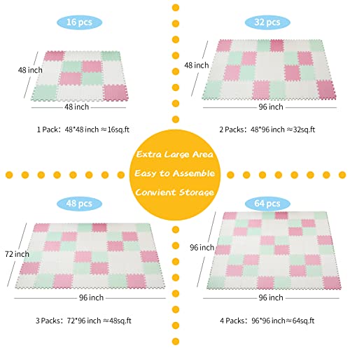 Foam Play Mat for Baby, 0.4 Inch Thicked Interlocking Floor Mats with Solid Colors, Squares Non-Toxic Baby Play Mat, EVA Foam Puzzle Floor Mats for Toddlers, 16 Tiles(White/Pink/Bean Green) - color: White/Pink/Bean Green, size: 16 Pcs/47.2*47.2